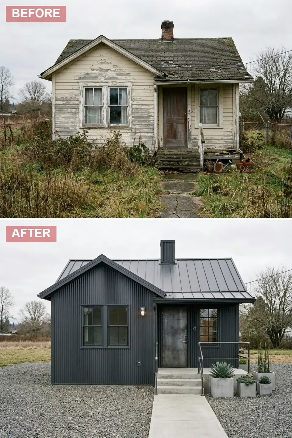 Cottage reclad entirely in dark charcoal corrugated metal siding and roofing with an industrial metal door, galvanized pipe railings, concrete steps and planters, and a full gravel forecourt with architectural agaves