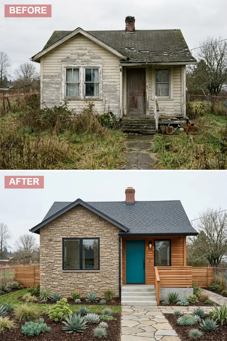 Cottage restyled mid-century modern with tan stacked stone veneer, a section of natural cedar siding at the entrance, a turquoise front door, a modern wood railing on a concrete porch, and a flagstone path through a succulent xeriscape