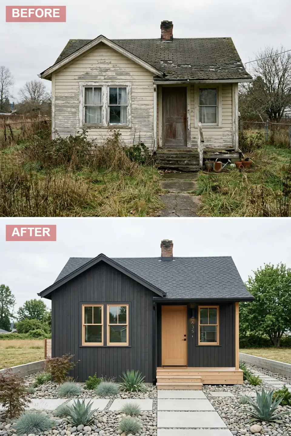 Cottage clad in matte black vertical wood siding with light pine window frames, door, and a wrap-around wooden deck, a path of large concrete pavers set in river stones, and minimalist planting with a Japanese maple