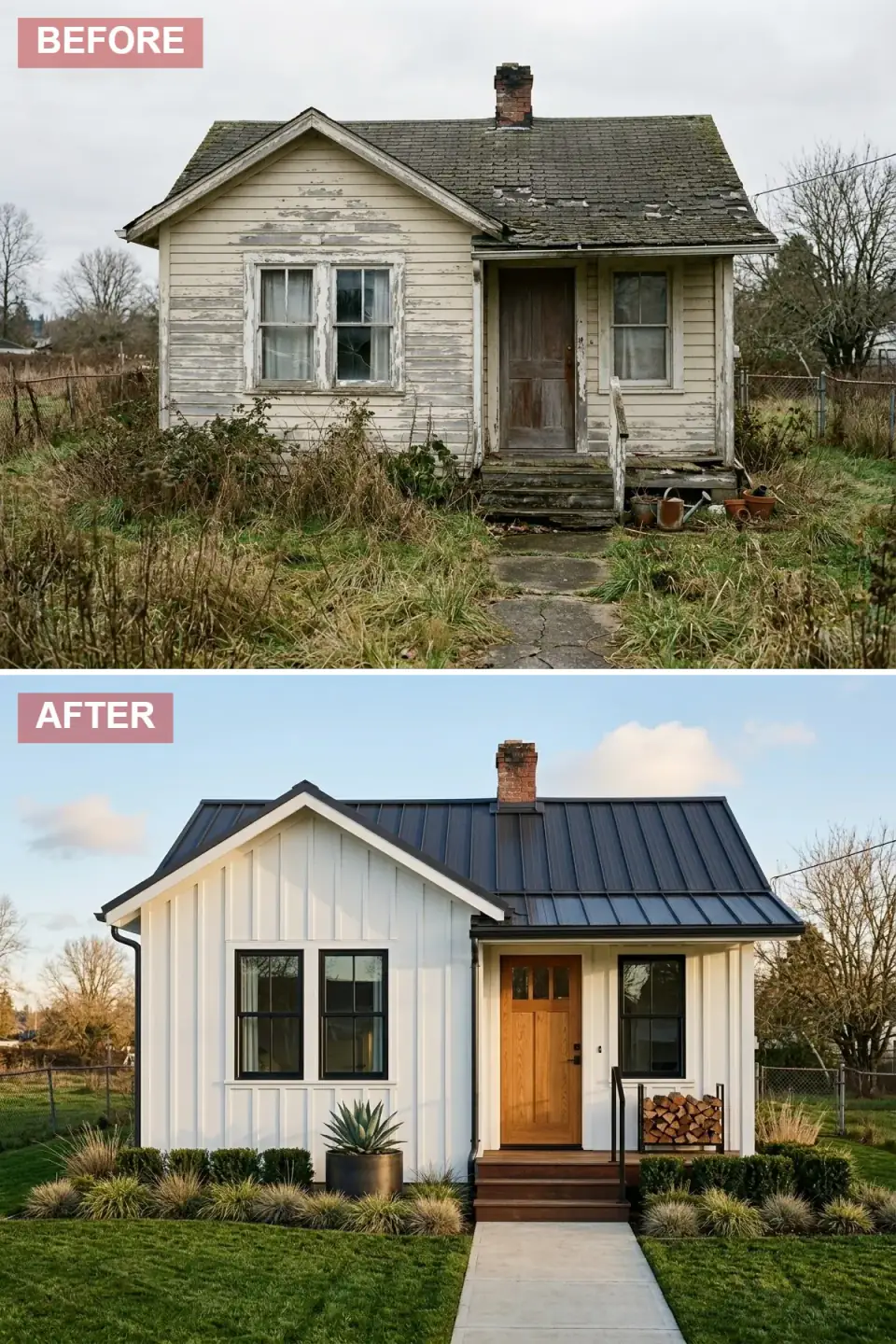 Cottage rebuilt as a crisp white board-and-batten modern farmhouse with a dark bronze standing-seam metal roof, black window frames, a medium oak craftsman door, dark wood steps, and structured boxwood-and-grass landscaping