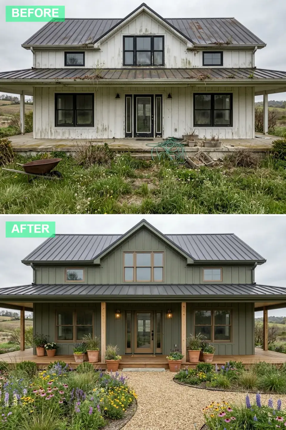 Farmhouse exterior repainted sage green with a natural cedar timber porch, gravel pathway and cottage-style plantings in terracotta pots