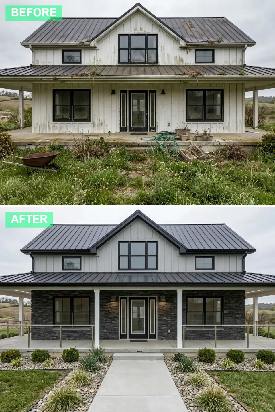 Contemporary farmhouse with dark stacked stone veneer on the lower walls and full-height porch columns, light grey upper siding, metal cable railing and a low-maintenance river-stone yard