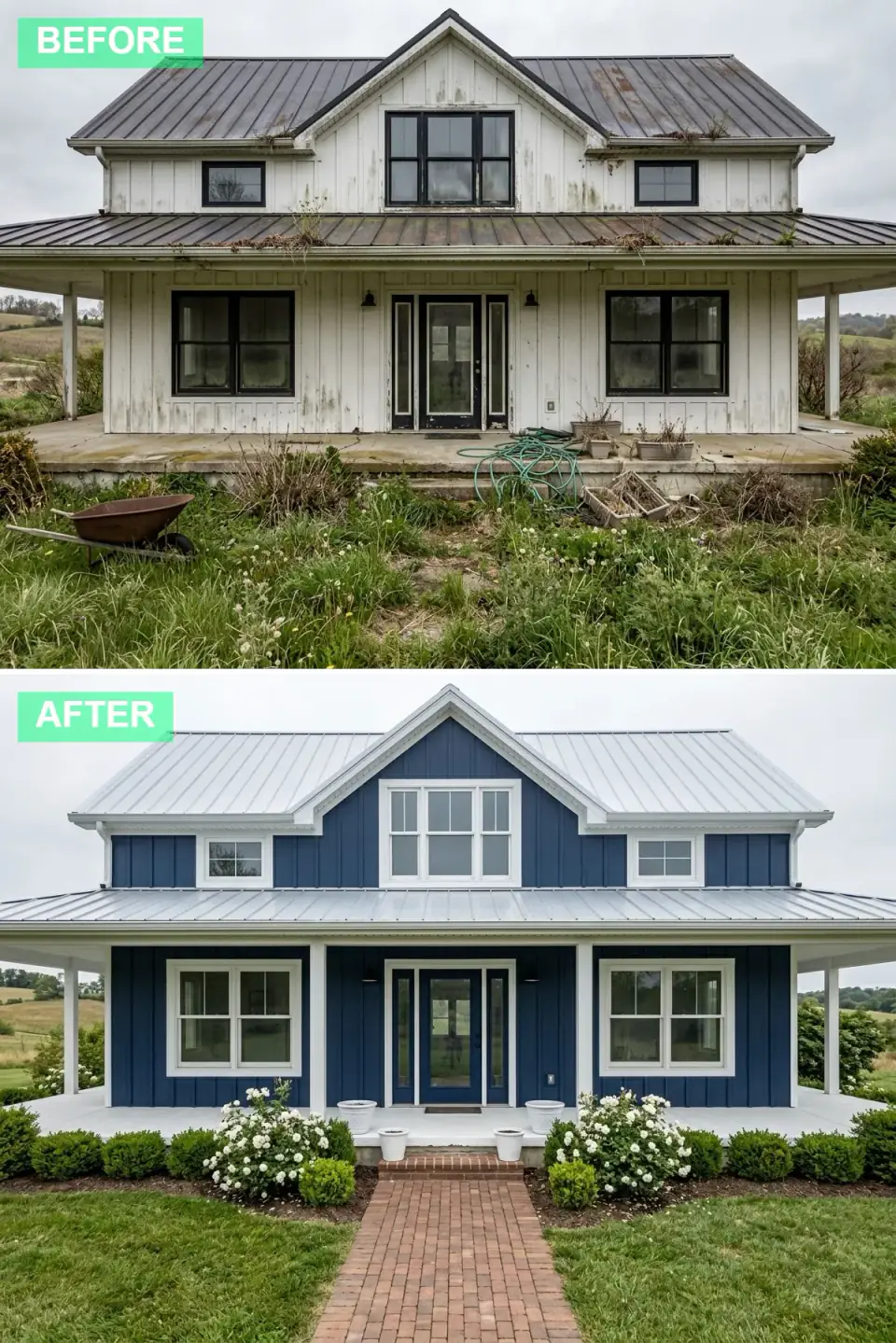 Farmhouse painted deep navy with crisp white trim and columns, grey porch floor, brick pathway and formal hydrangea and boxwood landscaping