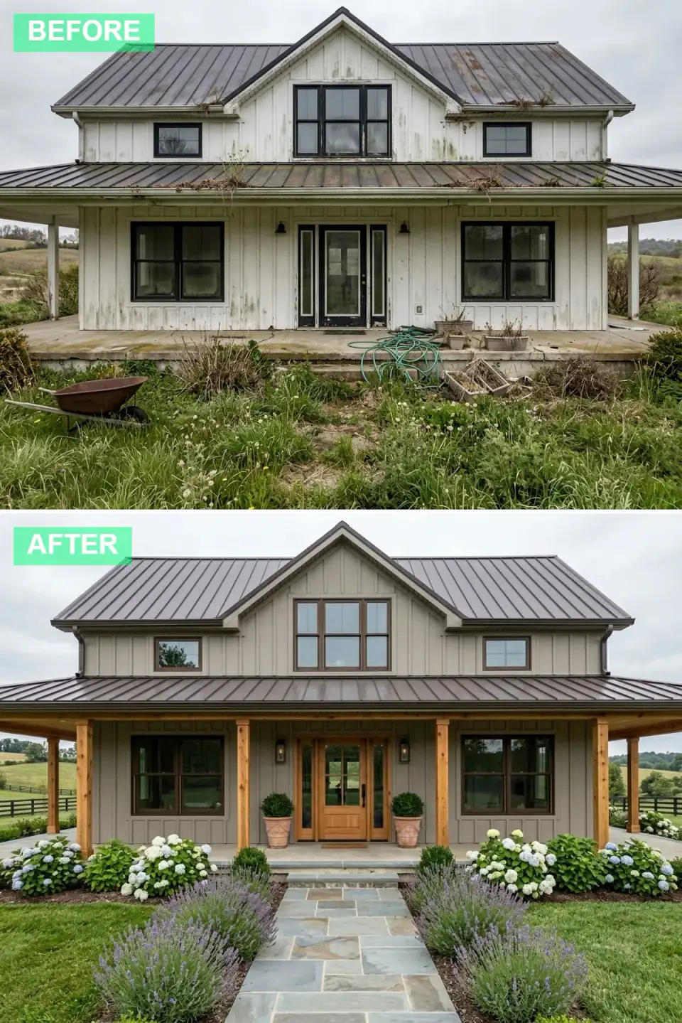 Farmhouse in warm taupe greige with natural wood columns and door, a flagstone pathway bordered by hydrangeas and lavender and large terracotta planters