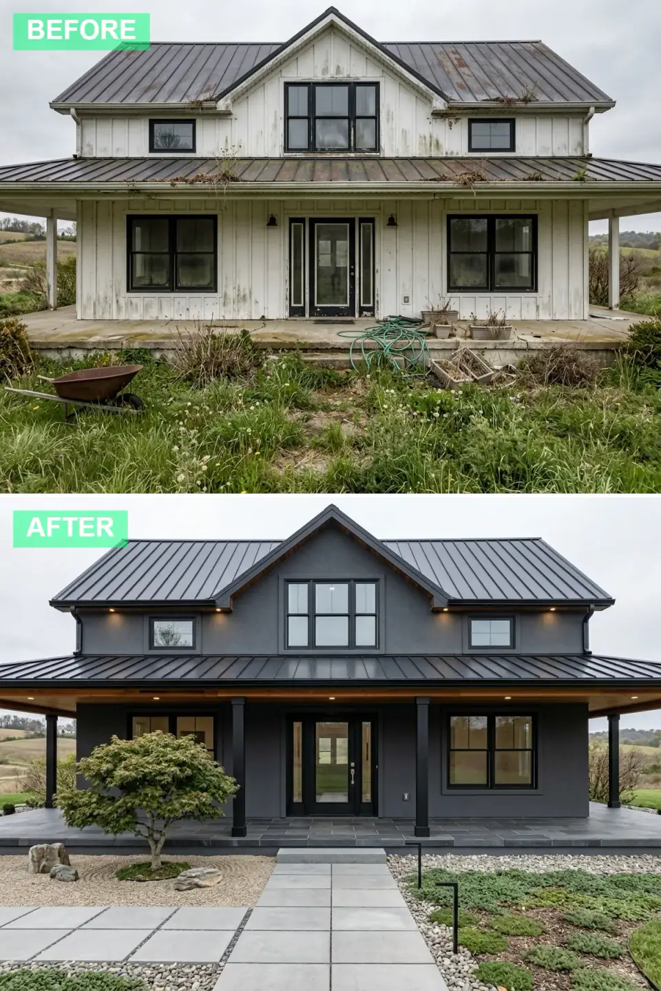 Farmhouse re-clad in dark charcoal stucco with black columns and window frames, warm wood porch soffit and a minimalist Zen gravel garden with stepping stones