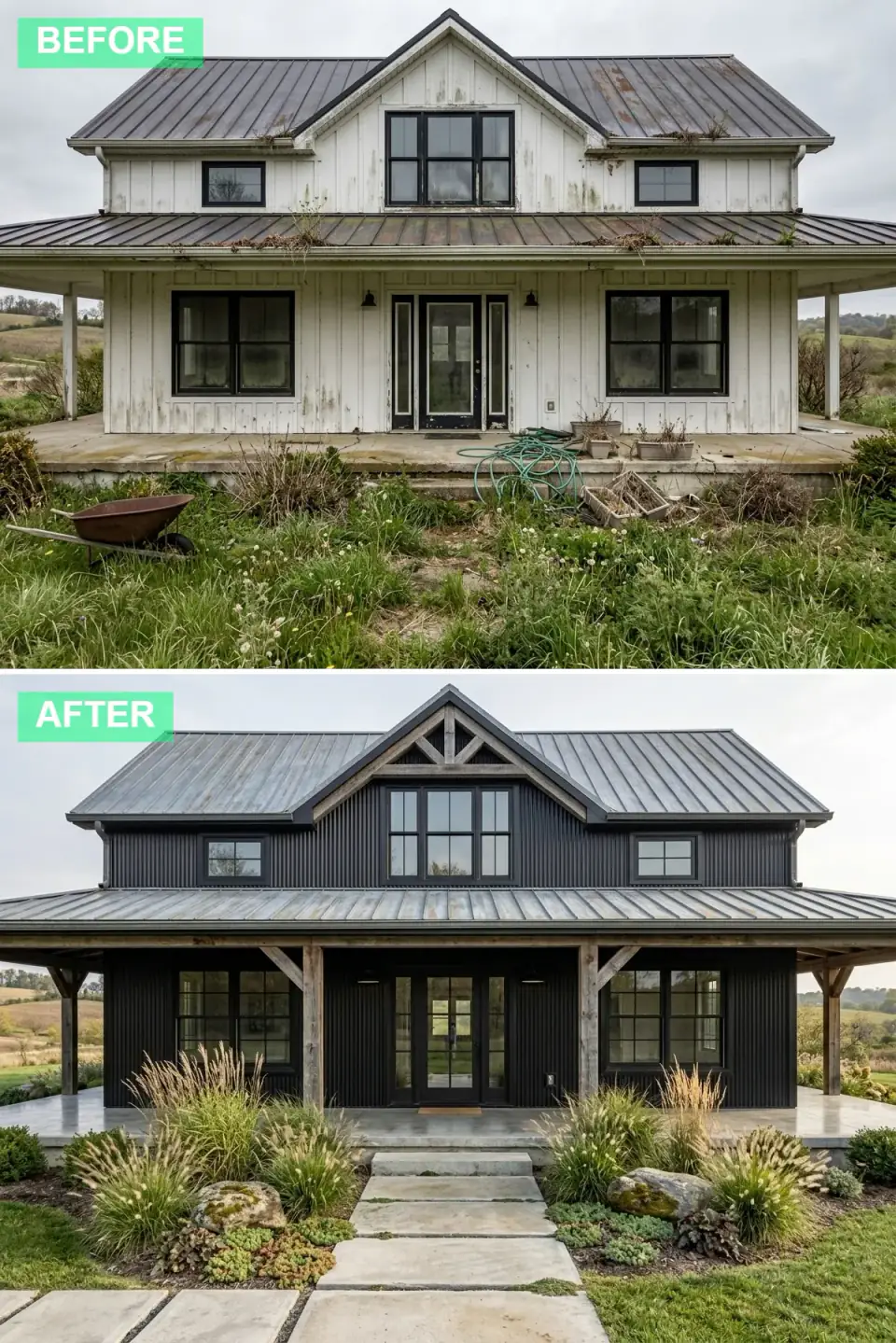 Farmhouse clad in black corrugated metal siding with chunky rustic timber gable accents and porch posts, a concrete stepping-stone path and prairie grasses with boulders