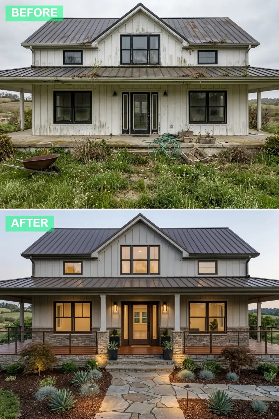 Craftsman farmhouse with stacked stone veneer lower walls and pier bases, light grey board-and-batten above, rich wood porch floor, white columns and black cable railing