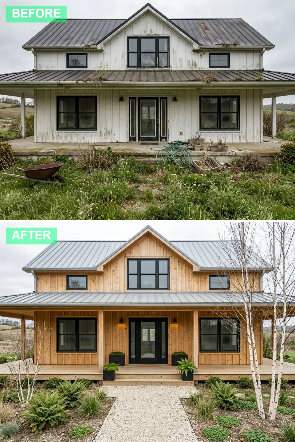 Farmhouse clad entirely in natural knotty cedar plank siding with black window frames and door, a wood porch, gravel path and woodland planting with ferns and birch