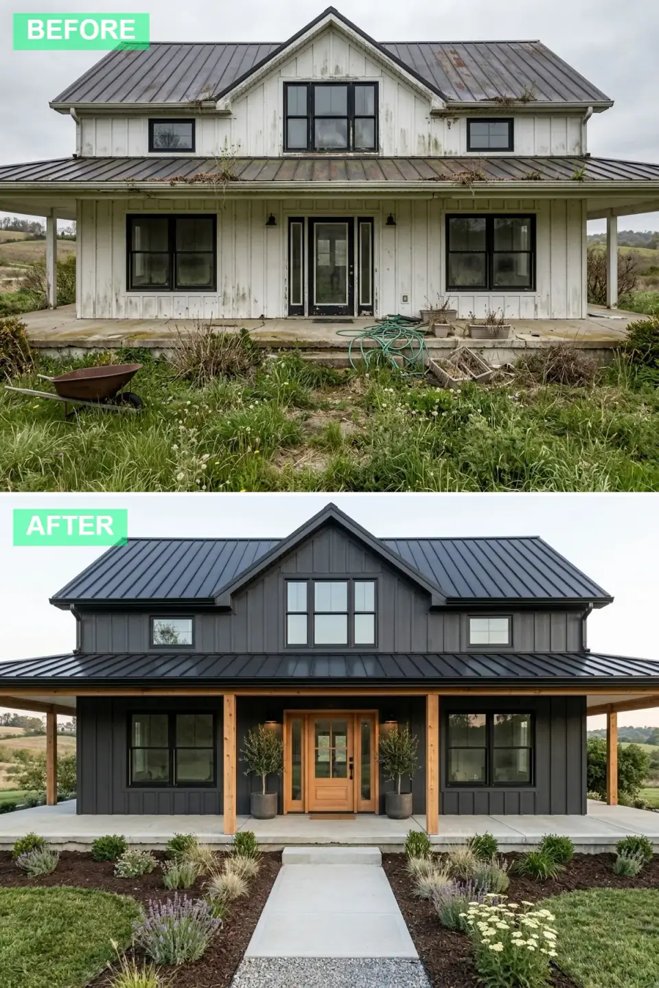 Farmhouse in dark charcoal-black board-and-batten with a natural wood front door and matching posts, concrete path and porch, and symmetrical olive trees in dark planters