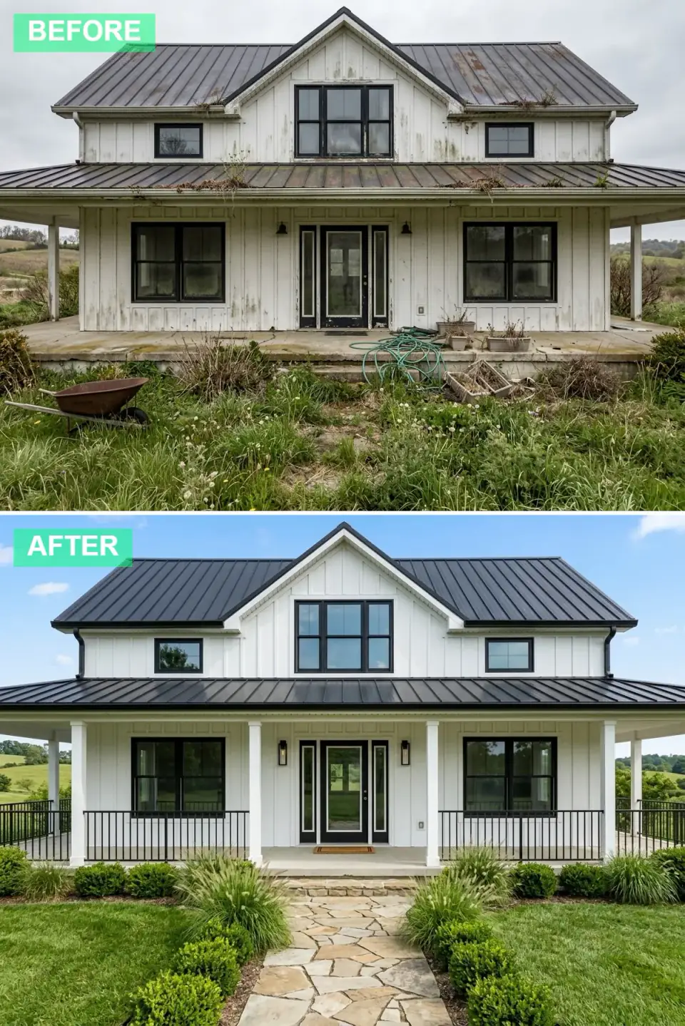 Quintessential modern farmhouse in crisp white board-and-batten with black window frames, black door, black metal porch railings, white columns and a flagstone path