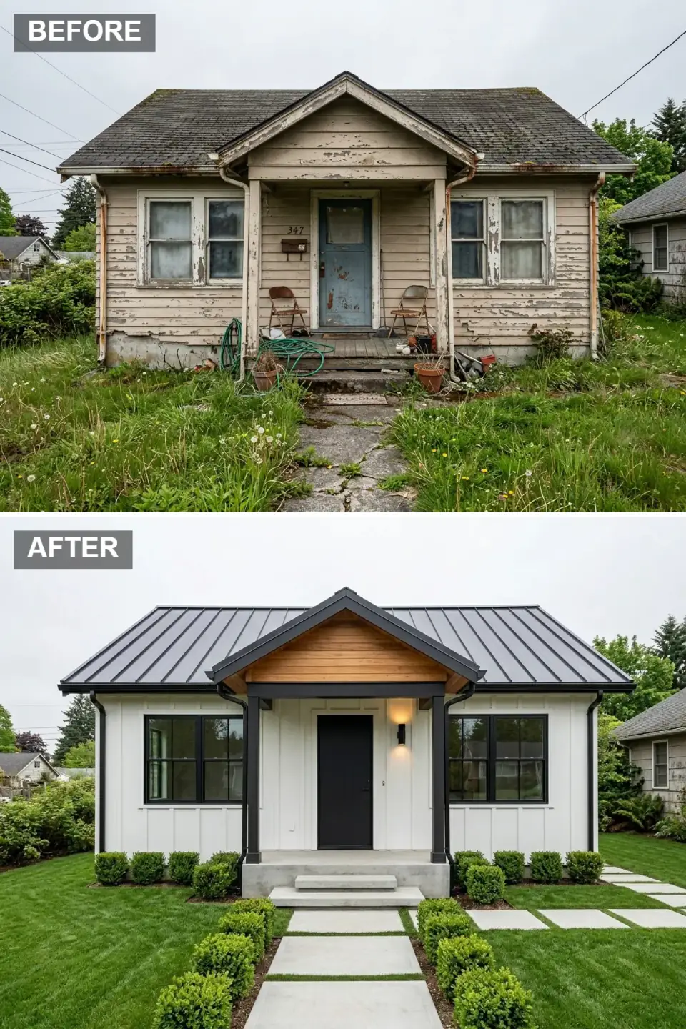 Modern farmhouse cottage revival with crisp white James Hardie board-and-batten siding, charcoal standing-seam metal roof, natural cedar gable accent, black slab front door with squared columns, and clipped boxwood spheres along a concrete-paver walkway