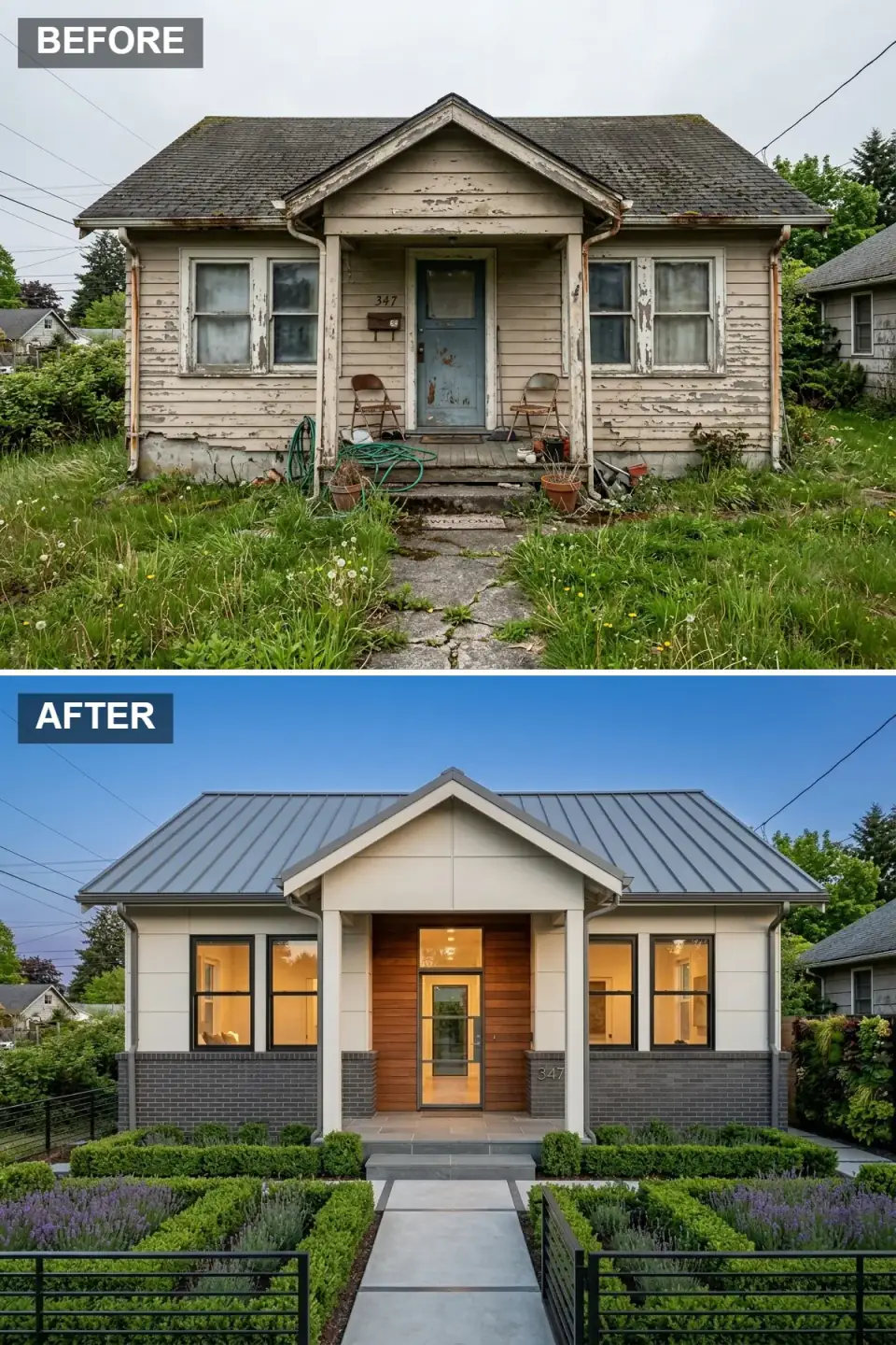 Transitional estate-style cottage renovation with dark charcoal brick lower level, smooth off-white panel upper, gray standing-seam metal roof, full-height warm wood accent wall around a glass front door, parterre garden with clipped boxwood and lavender drifts, and black metal walkway railings