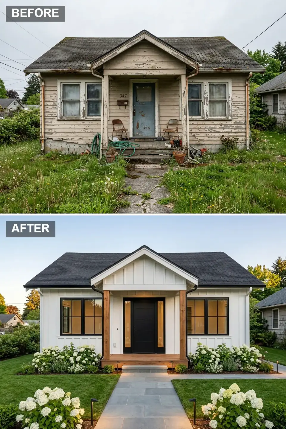 Bright modern cottage with vertical white siding, dark asphalt shingle roof, natural honey cedar porch columns, full-height sidelights flanking a black entry door, irregular bluestone slab walkway, and oversized white hydrangeas with ornamental grasses