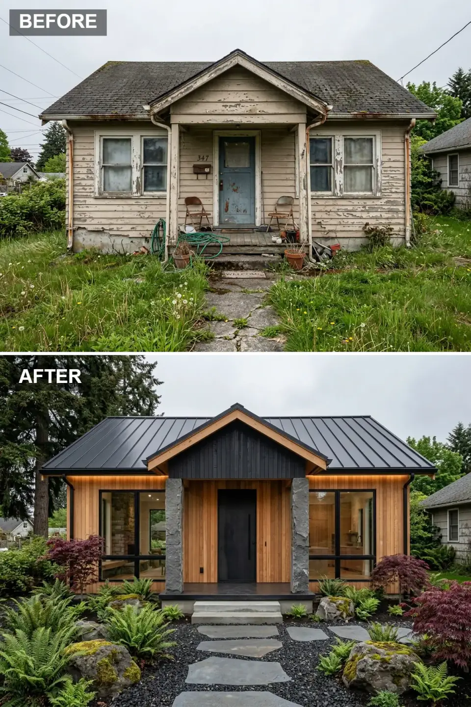 Organic modern forest retreat exterior with vertical western red cedar siding, matte black standing-seam metal roof, dramatic black vertical slat gable accent, monumental rough-hewn granite stone columns, bluestone steppers in black basalt gravel, and Japanese maples beside mossy boulders