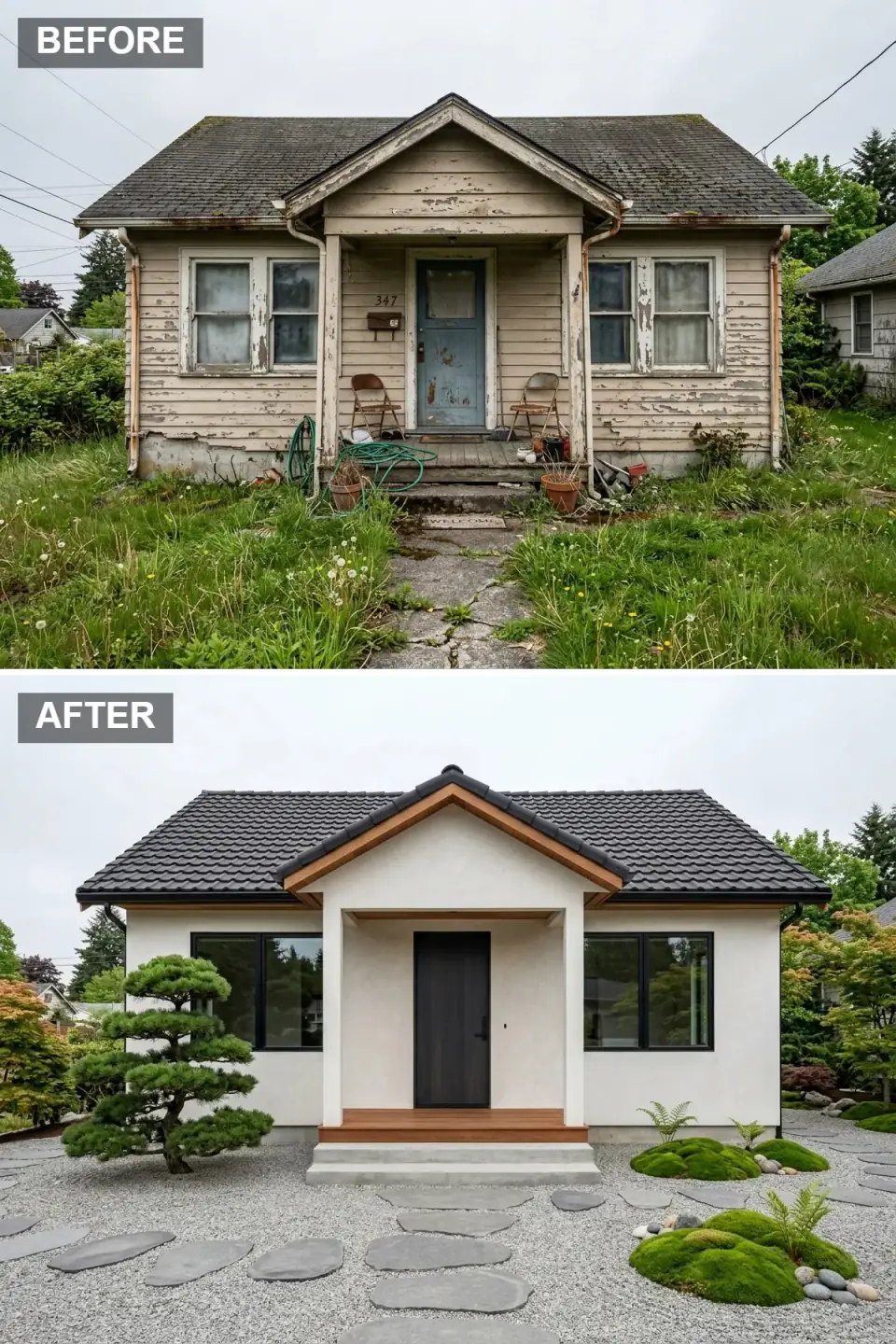 Zen minimalist cottage exterior with smooth warm off-white stucco, dark scalloped roof tiles with exposed wood rafter tails, recessed porch alcove with a dark wood door, raked gravel garden with large gray stepping stones, sculptural moss pillows, and a cloud-pruned pine