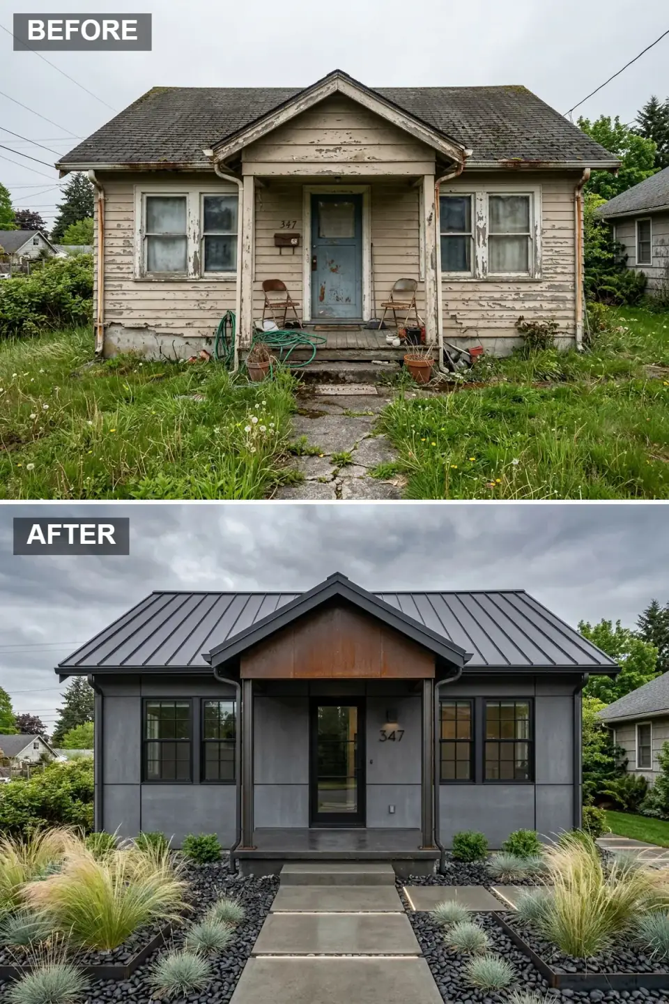 Industrial modern cottage with large-format gray fiber-cement panels, black standing-seam roof, Corten weathering steel gable accent, black glass-paneled slab door, raw steel house number, monolithic concrete pavers with integrated LED strips, and black Mexican beach pebble mulch