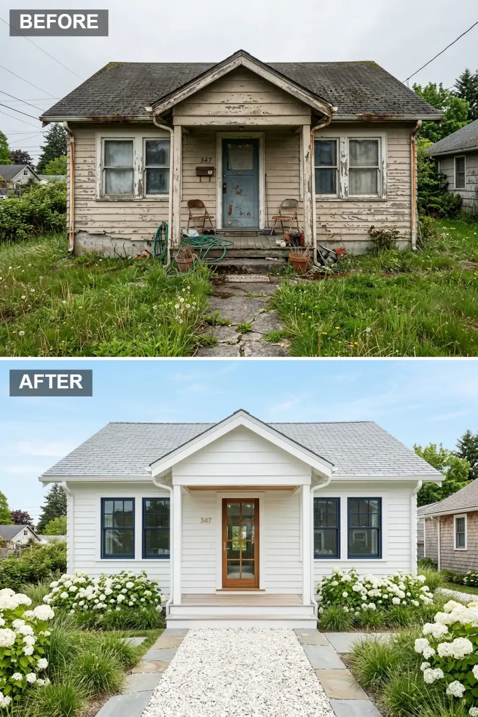 East coast coastal cottage with bright white clapboard siding, soft gray asphalt shingle roof, deep navy window frames, warm wood Dutch-style front door with divided lights, bleached wood porch floor, and a crushed white shell central walkway flanked by bluestone and white hydrangeas