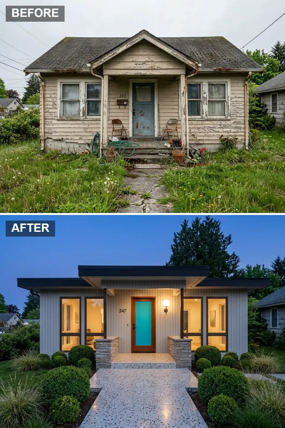 Mid-century modern atomic ranch pavilion with low-slung flat roof, dramatic cantilevered black overhangs, vertical pale gray siding, recessed portico, teal panel door framed in teak, white terrazzo walkway with black aggregate, low horizontal stone walls, and clipped boxwood spheres