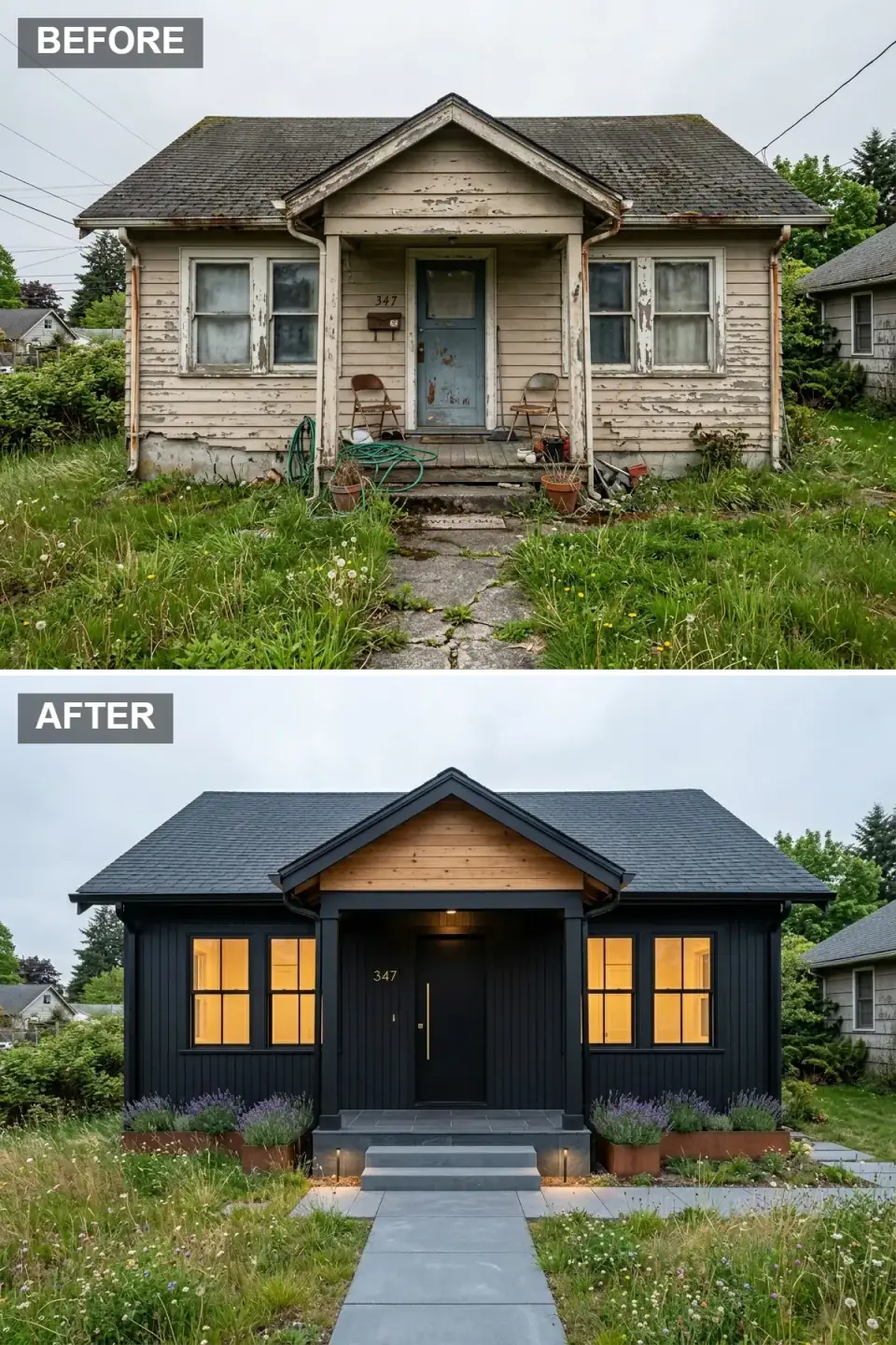 All-black matte farmhouse cottage with unified black siding roof and window frames, glowing amber interior windows, raw cedar gable accent, lavender-filled Corten steel planters, large-format dark slate walkway slabs, and a wild native meadow lawn