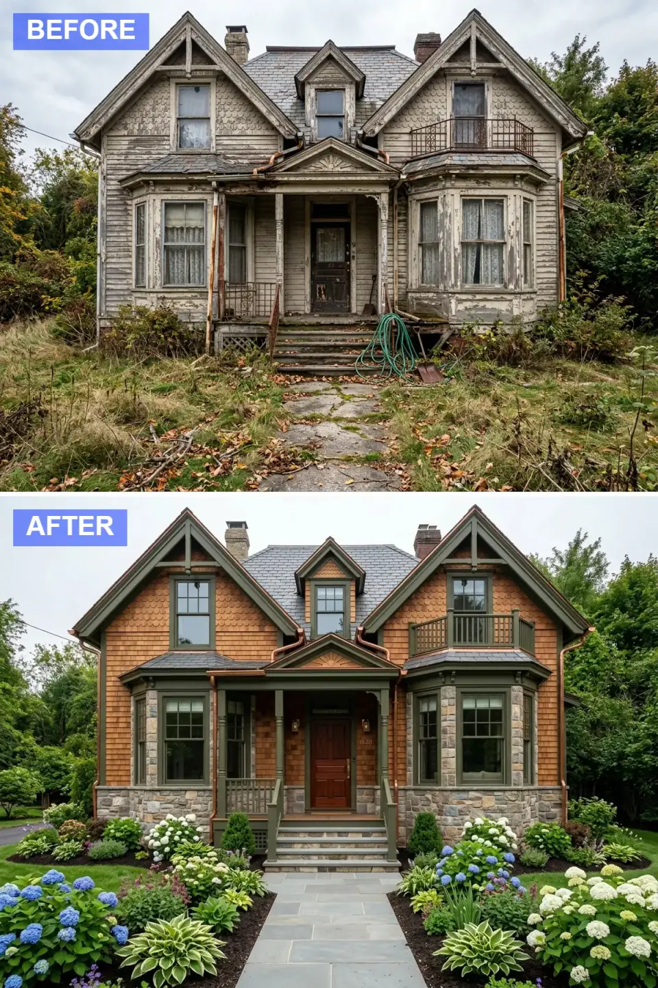 Restored historic home re-clad in warm cedar shake siding over a stone veneer base, with olive-green trim, copper gutters, a mahogany door, and a bluestone path