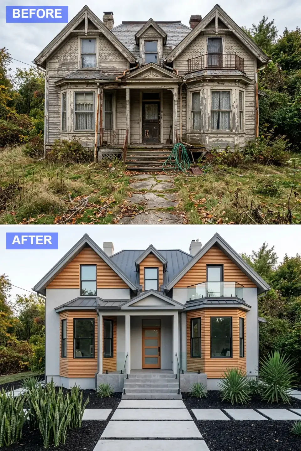 Historic house reskinned in pale stucco and horizontal cedar planks with a charcoal standing-seam roof, black aluminum windows, glass railings, and a xeriscape entry