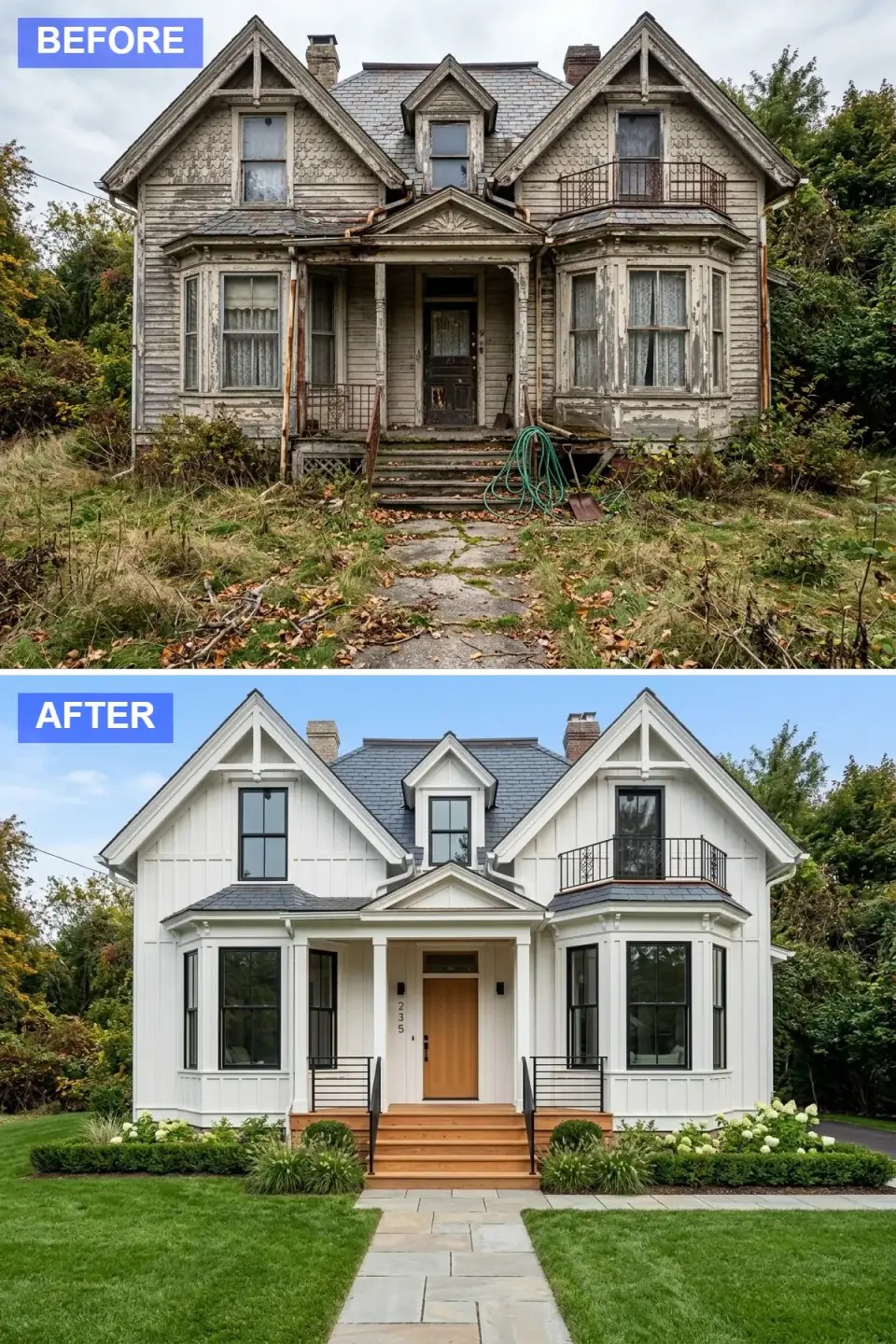 Neglected home revived in bright white board-and-batten siding with black window frames, an oak door and steps, boxwood hedges, and a light stone walkway