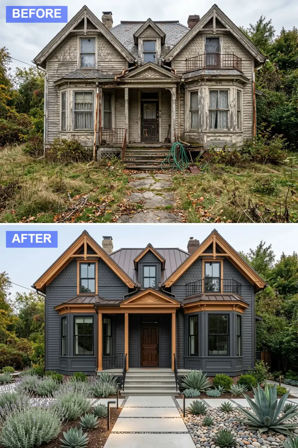 Restored Victorian in deep charcoal siding with original gingerbread trim picked out in honey gold, a copper-toned metal roof, walnut door, and drought-tolerant planting