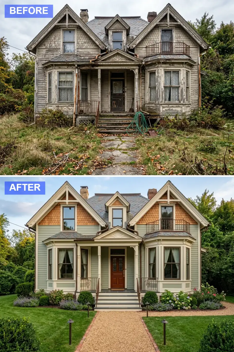 Historic home restored in soft sage green clapboard with creamy trim, preserved cedar gable shingles, a mahogany glass-insert door, and an English-inspired garden