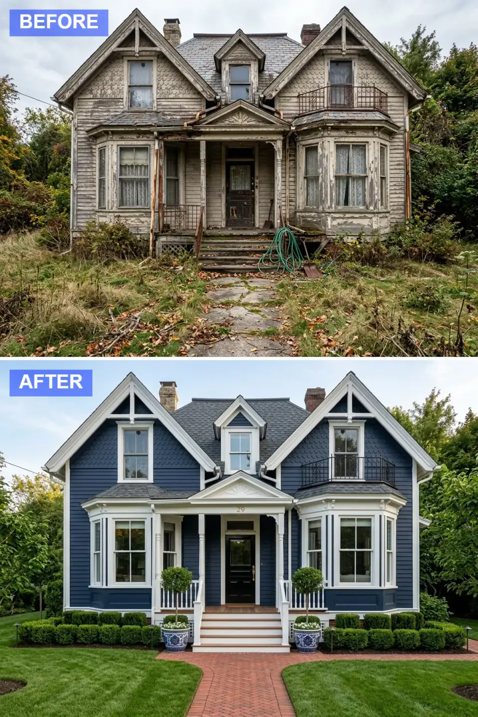 Restored home in deep navy siding with crisp white trim, black louvered shutters on the bay windows, a high-gloss black door, and a herringbone brick walkway