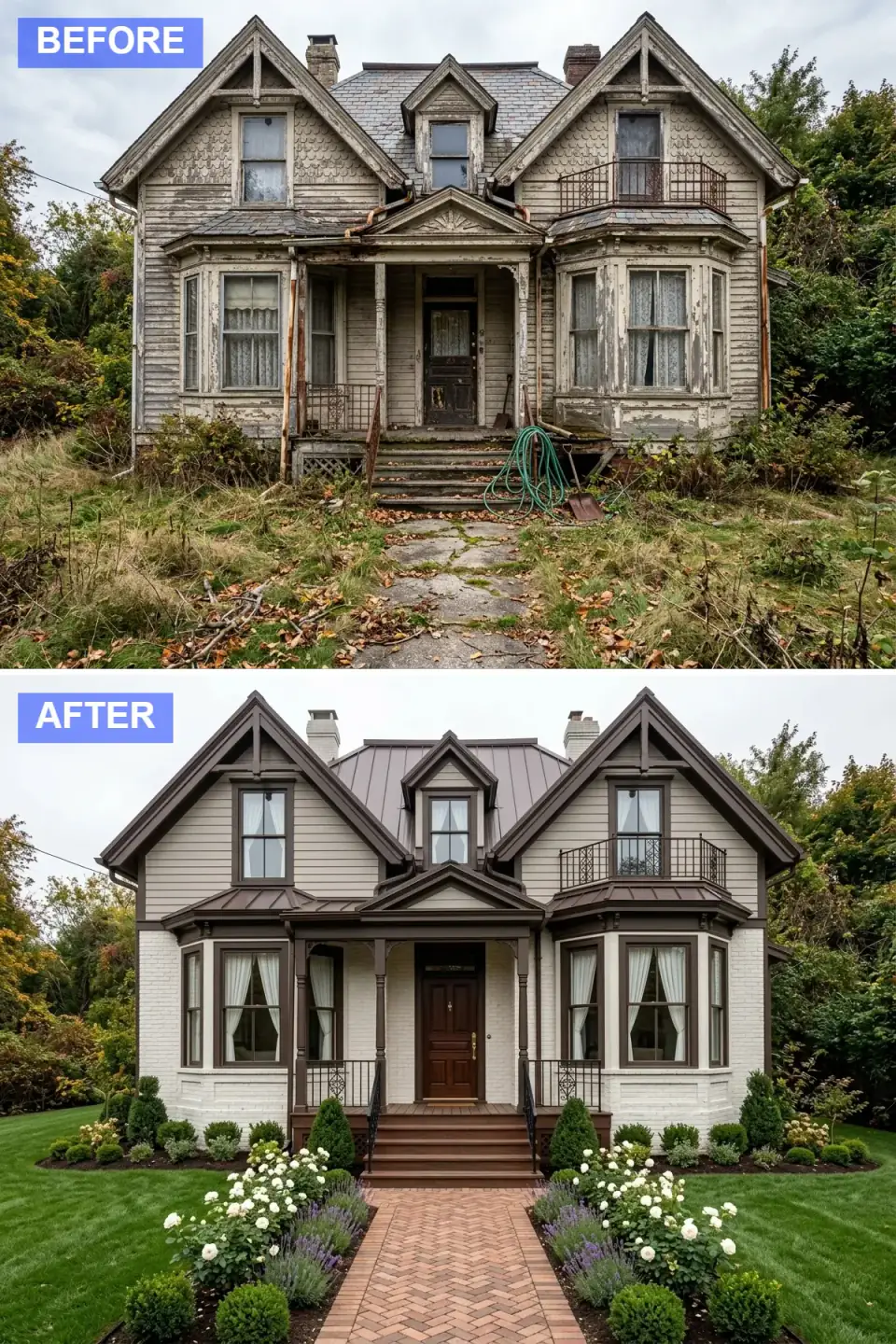 Two-tone home with warm taupe upper siding over painted white brick, dark chocolate trim, stained wood steps and door, and a romantic rose-and-lavender garden