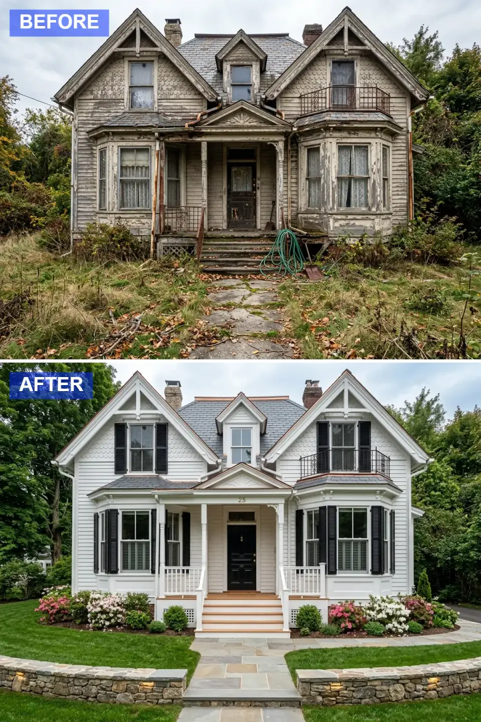 Restored colonial in bright white clapboard with preserved fishscale gable shingles, black louvered shutters, a glossy black door, stone retaining walls, and azaleas