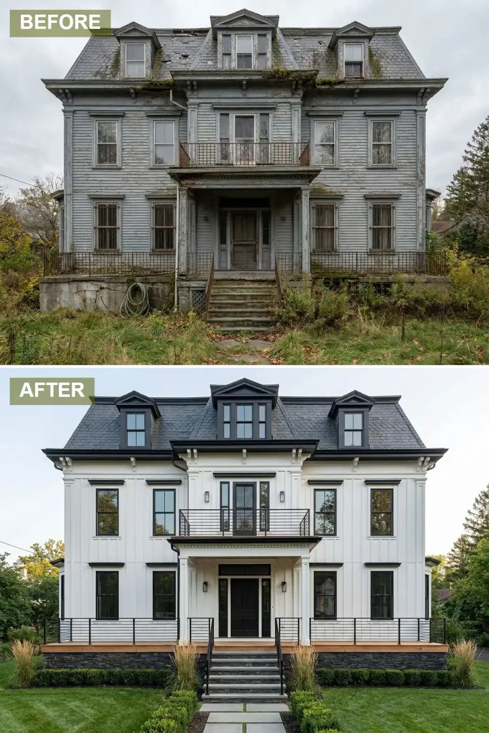 Second Empire home renovated as a modern farmhouse with white board-and-batten siding, black metal mansard roof, cedar deck porch, and dark charcoal stone foundation