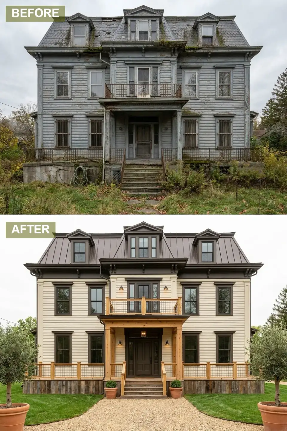 Second Empire home renovated as a rustic farmhouse with soft cream siding, dark brown trim, brown standing-seam metal mansard, natural timber porch with wire mesh railings, reclaimed barn wood skirting, and terracotta olive tree planters