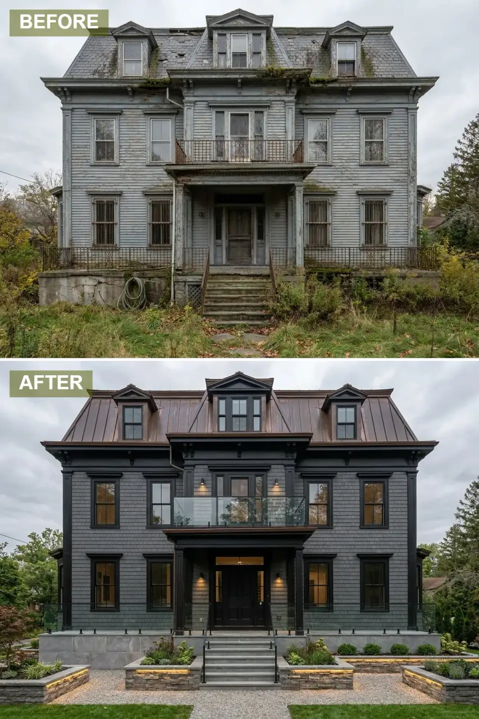Second Empire home renovated in dark grey shingle siding with a copper mansard roof, glass porch railings, blue-grey flagstone hardscaping, and integrated landscape lighting