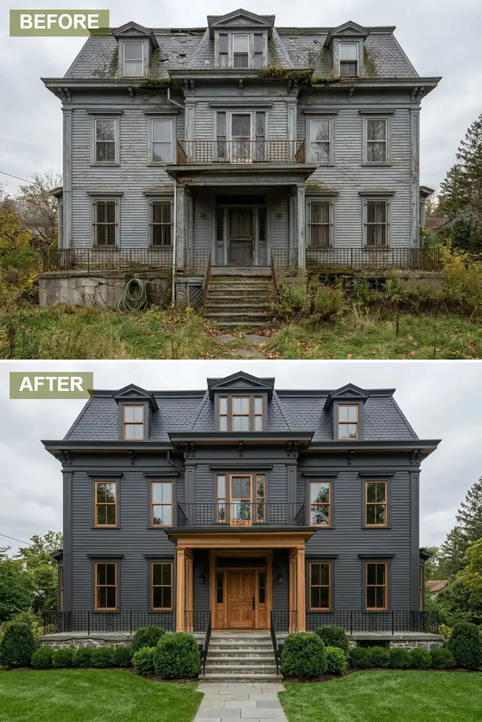 Second Empire home painted deep charcoal with warm oak wood porch columns and door, dark slate mansard roof, simple wrought iron black railings, and formal boxwood landscaping