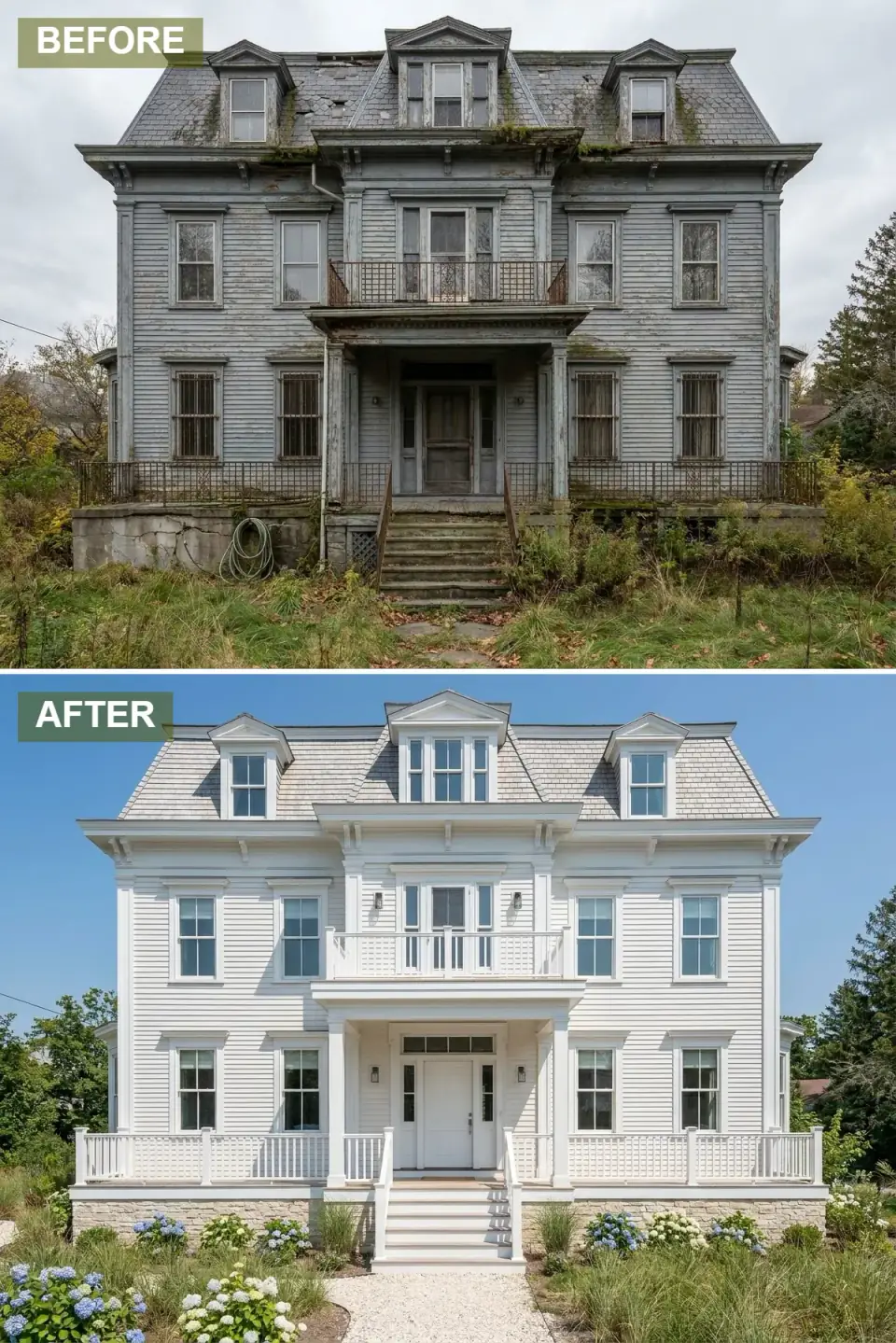 Second Empire home reimagined as a coastal cottage with white clapboard siding, weathered cedar shingle mansard roof, light sandstone foundation, hydrangeas, and ornamental grasses