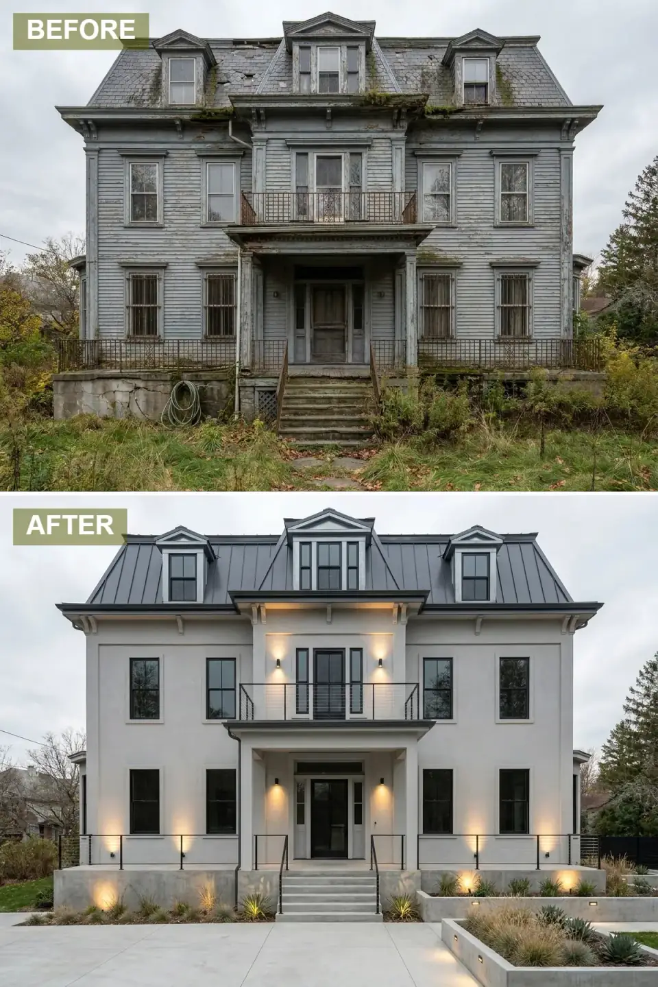 Second Empire home converted to a modern minimalist exterior with light grey stucco walls, dark standing-seam metal mansard roof, black framed windows, concrete porch, cable railings, and desert-modern landscaping with agave