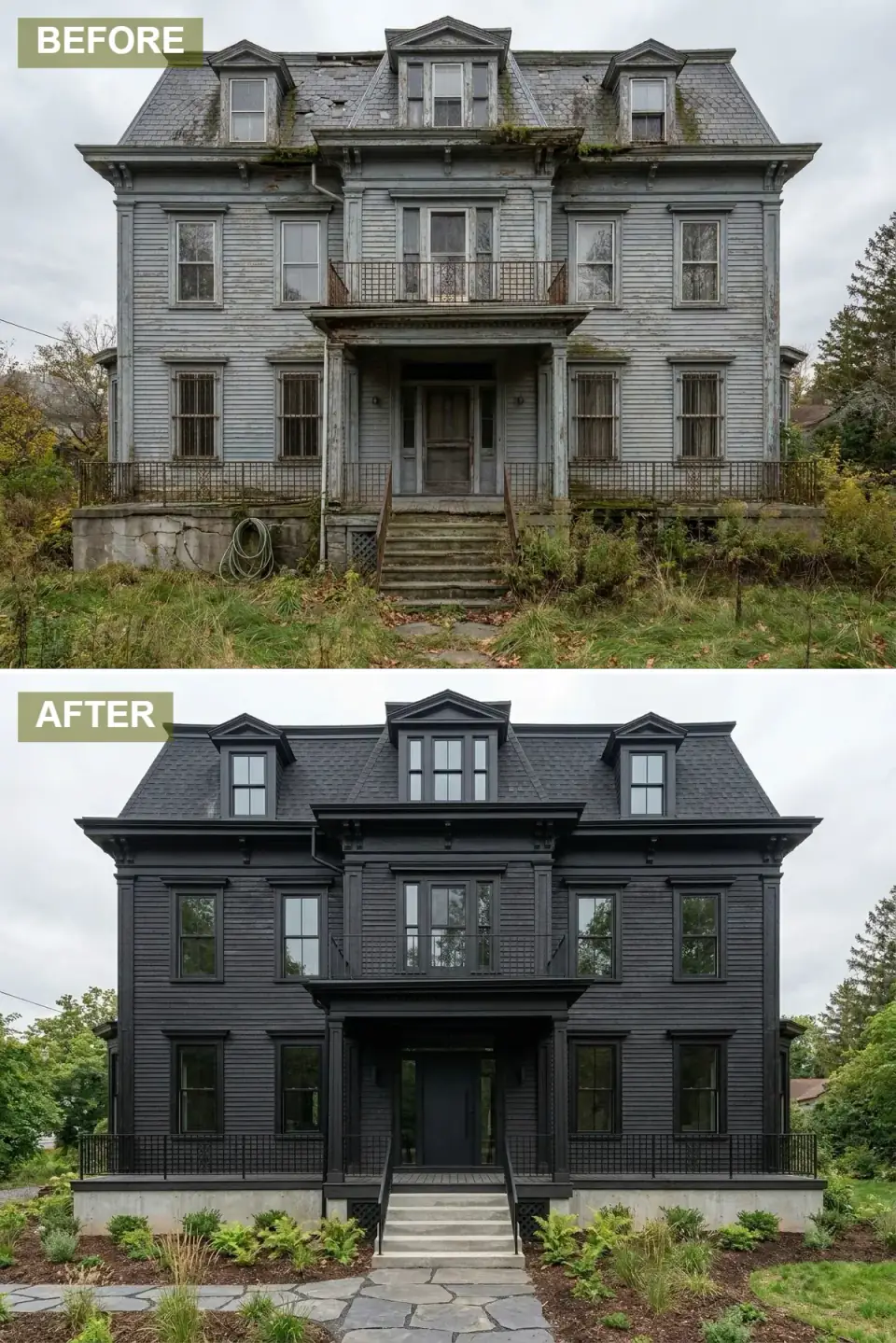 Second Empire home painted entirely jet black with all-black siding, trim, mansard shingles, and railings, contrasted against raw concrete steps, dark slate pavers, and natural fern landscaping