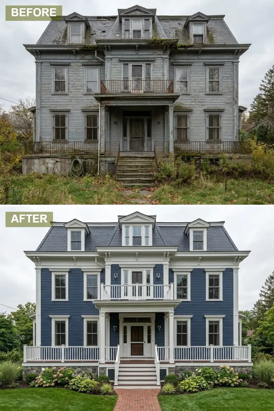 Second Empire home painted classic navy blue with crisp white trim, columns, and traditional balustrade, slate grey mansard roof, red brick walkway, lush hydrangeas and hostas in landscaping