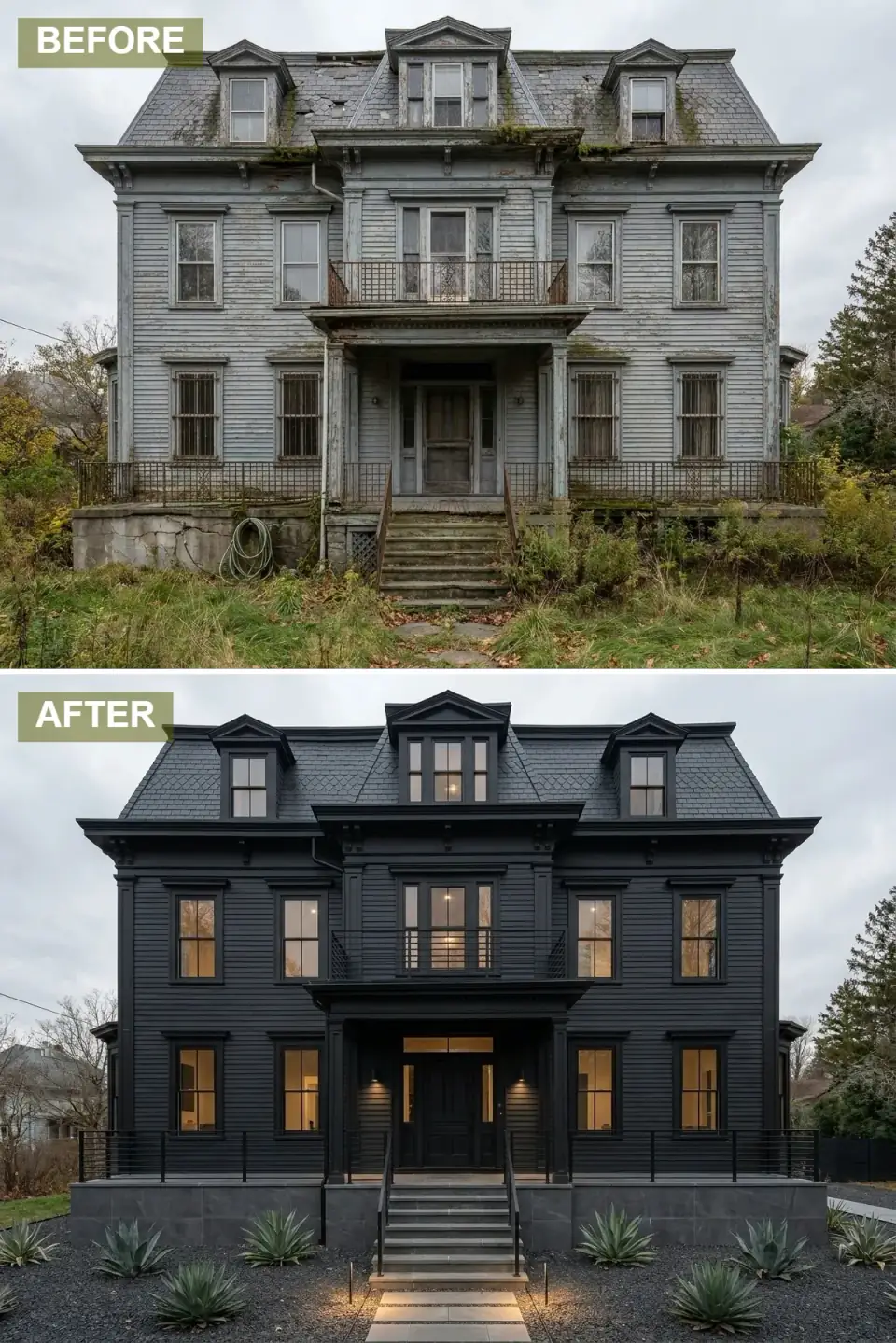 Second Empire home renovated with matte black horizontal cladding, black slate mansard, large-format dark grey porch tiles, integrated LED step lighting, and minimalist gravel and agave landscaping