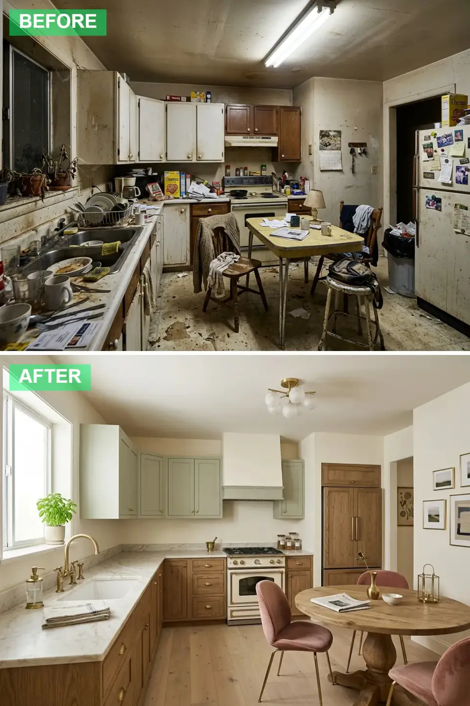 Neglected kitchen reimagined with two-tone cabinetry in soft sage-green uppers and natural oak lowers, white marble countertops and backsplash, a vintage-style white range, a wood-paneled refrigerator, a round wood table with dusty-rose velvet chairs, and a gold chandelier