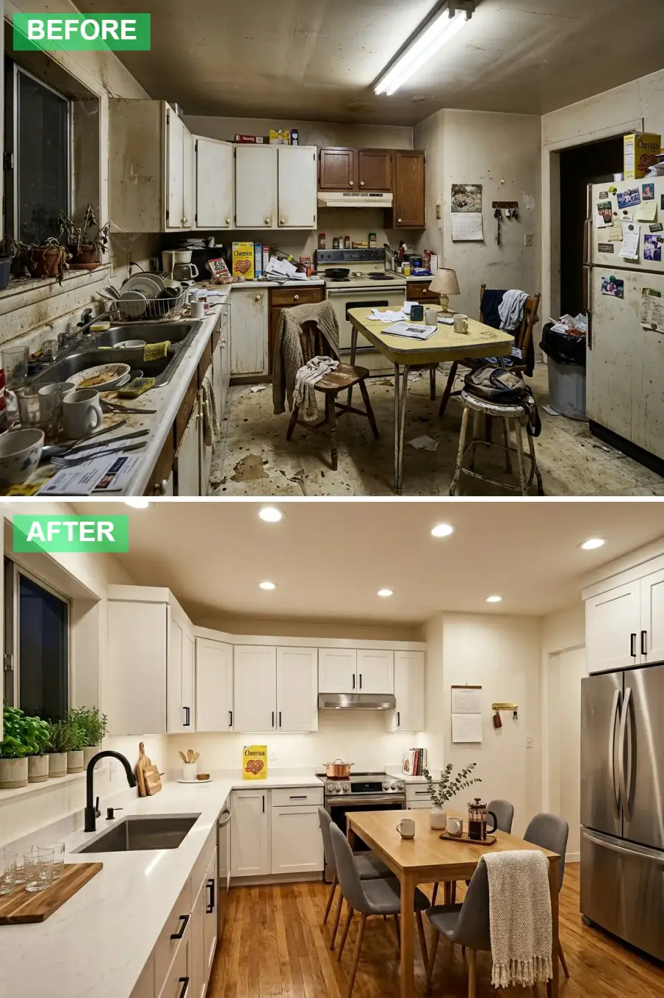Bright modern farmhouse kitchen with crisp white shaker cabinets, a white quartz countertop, a classic subway tile backsplash, a stainless range and refrigerator, matte black hardware and faucet, recessed and under-cabinet lighting, and a wood dining table with grey upholstered chairs and a bench