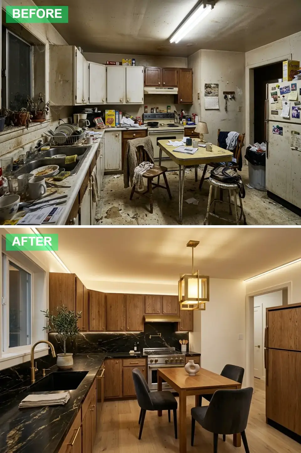 Kitchen renovated with rich dark walnut cabinetry, a black marble countertop and backsplash with bold gold veining, a brushed-gold faucet, hardware, and geometric pendant light, an integrated refrigerator, and a contemporary wood dining set with black chairs