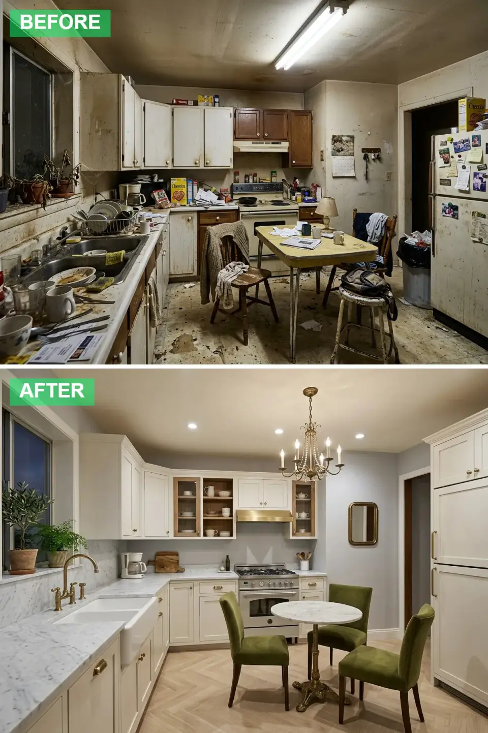 Timeless kitchen with crisp white shaker cabinets, a white marble countertop, a farmhouse sink, a section of glass-front upper cabinets with wood interiors, light oak herringbone flooring, a crystal chandelier, gold hardware, and a round marble table with moss-green velvet chairs