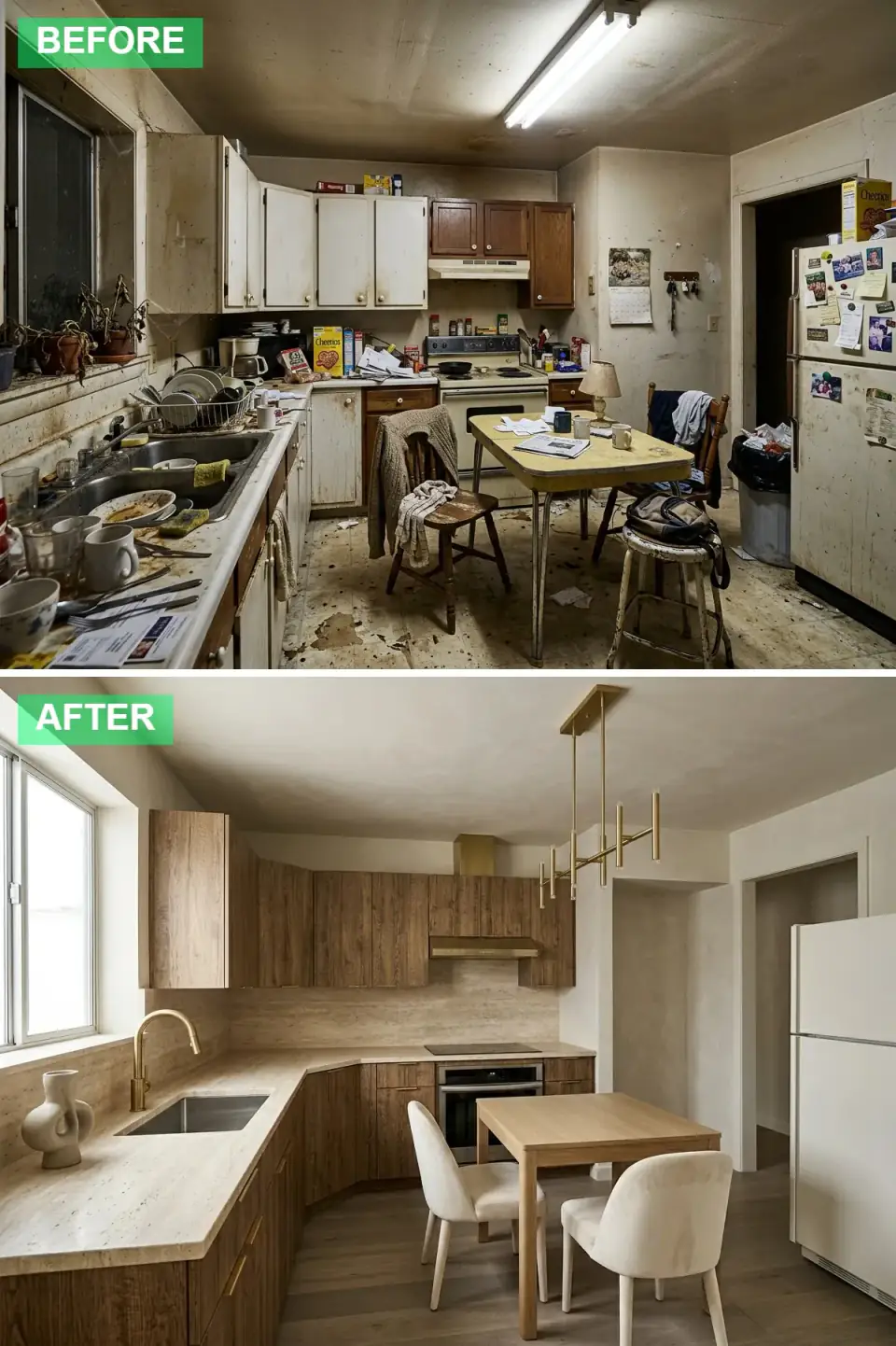 Organic modern kitchen with medium-tone flat-panel wood cabinetry running floor to ceiling, a large-format travertine slab backsplash, a gold faucet, a linear brass chandelier, and a wood dining table with cream chairs