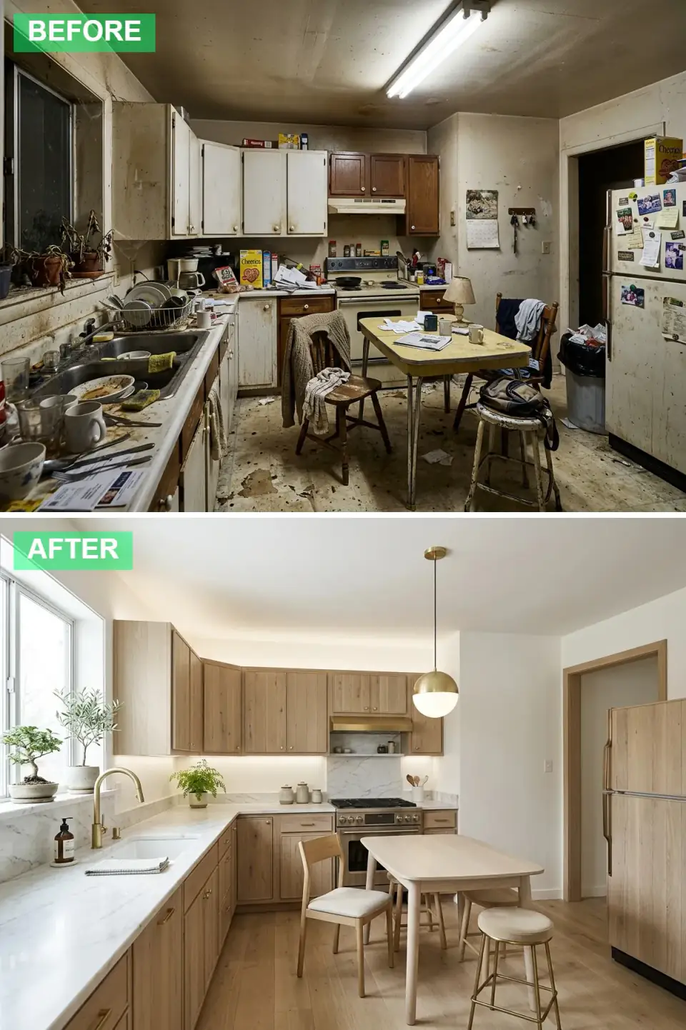 Scandinavian kitchen with light natural wood cabinetry, white marble countertops and backsplash, under-cabinet lighting, a stainless steel range, a panel-ready refrigerator, and a light wood dining set with a gold-and-white globe pendant