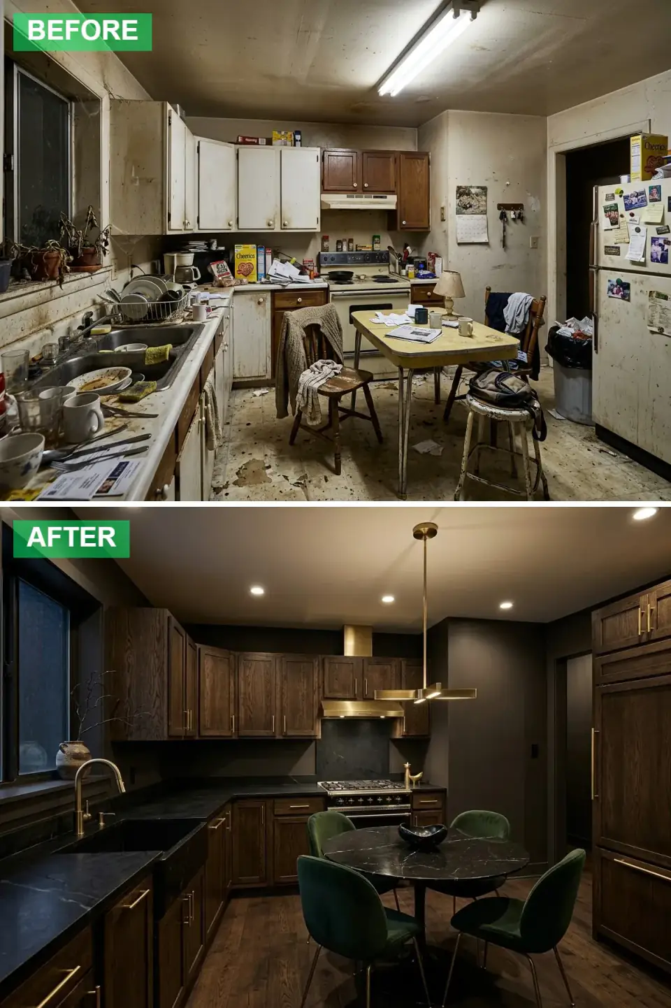 Moody kitchen with charcoal-black wood cabinetry and matching dark walls, dark marble countertops and backsplash, a gold faucet and hardware, a modern gold pendant, and a round dark marble table with deep emerald-green velvet chairs