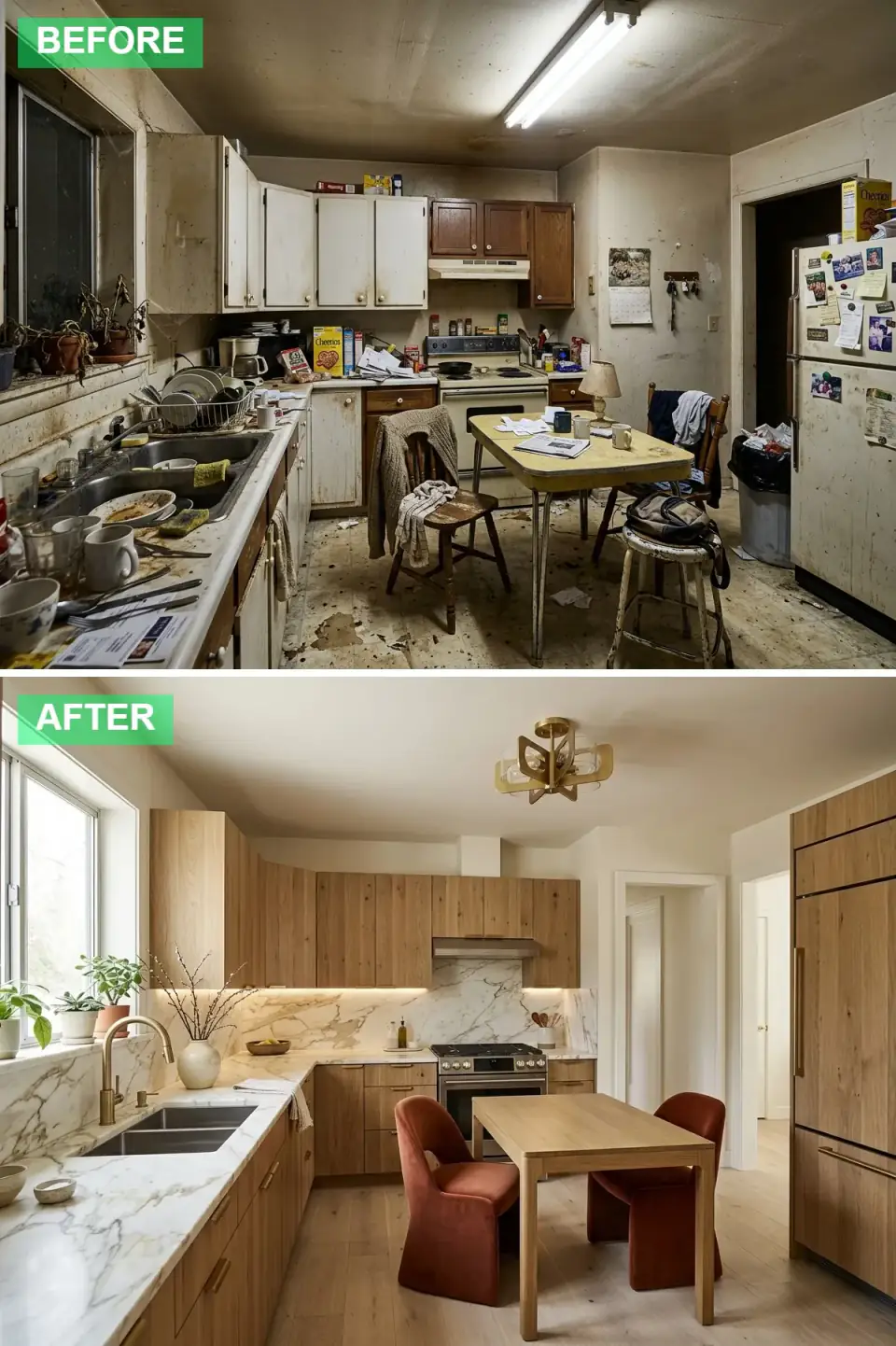 Kitchen with warm oak cabinetry, a dramatic white marble backsplash with bold grey and gold veining as the focal point, under-cabinet lighting, a stainless steel range, a gold faucet, a wood chandelier, and a wood table with rust velvet chairs