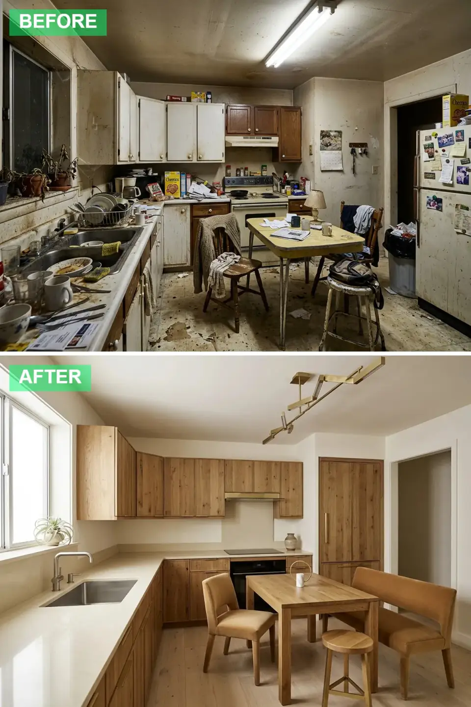 Contemporary kitchen with sleek flat-panel natural oak cabinetry with integrated handles, a light cream quartz countertop and backsplash, an integrated induction cooktop and panel-ready refrigerator, and a dining area with a wood table, matching bench, and tan leather seating