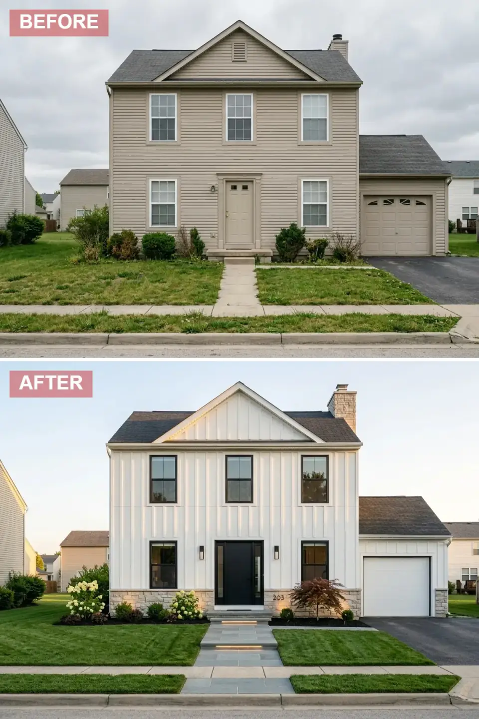 Modern farmhouse exterior transformation in crisp white vertical board-and-batten siding, with a natural stone base, black-framed windows, sleek black entry door, illuminated stone paver walkway, and layered hydrangea and Japanese maple landscape.